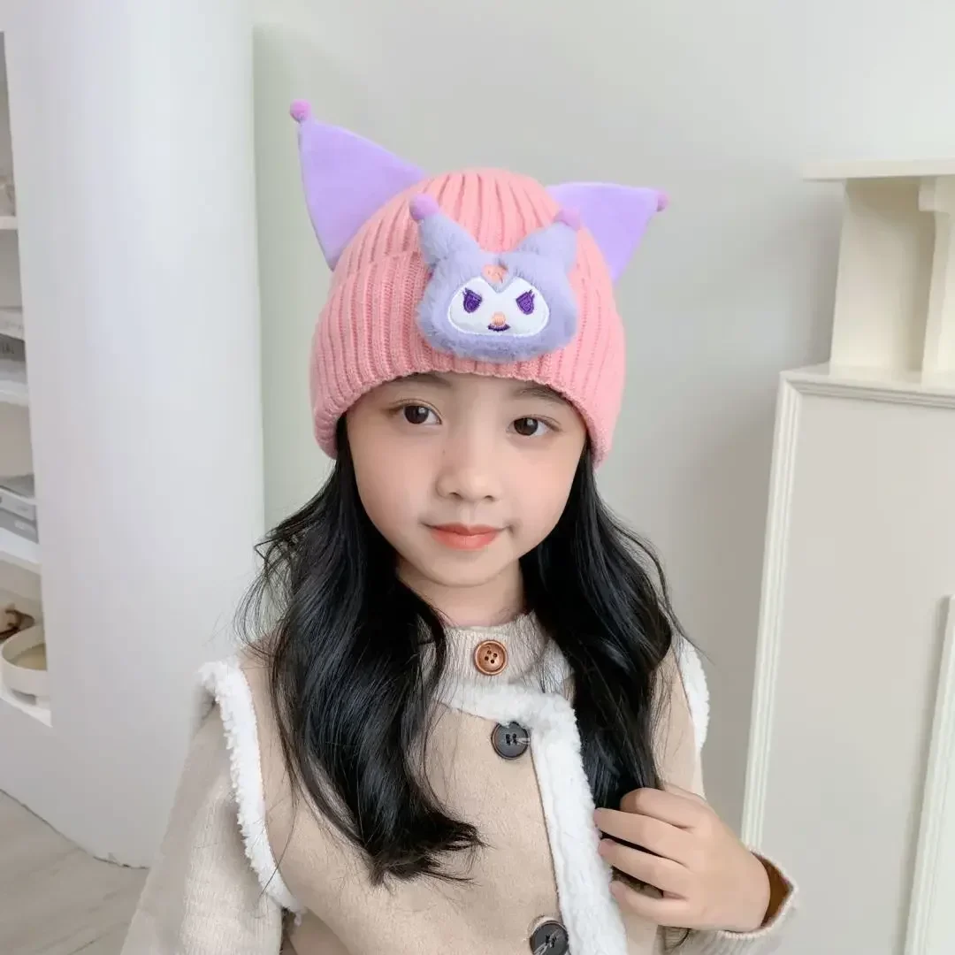 

Kuromi Anime Kawaii Fashion Lovely Doll Warm Hat Cute Cartoon Children Sanrio Ins Knitted Ear Protection Cap Gifts for Kids