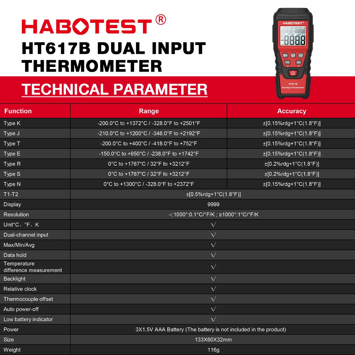 Digital Dual Channel Thermocouple Thermometer HT617B Digital Thermometer Temperature Meter Tester Suitable for Liquid Hydrogen