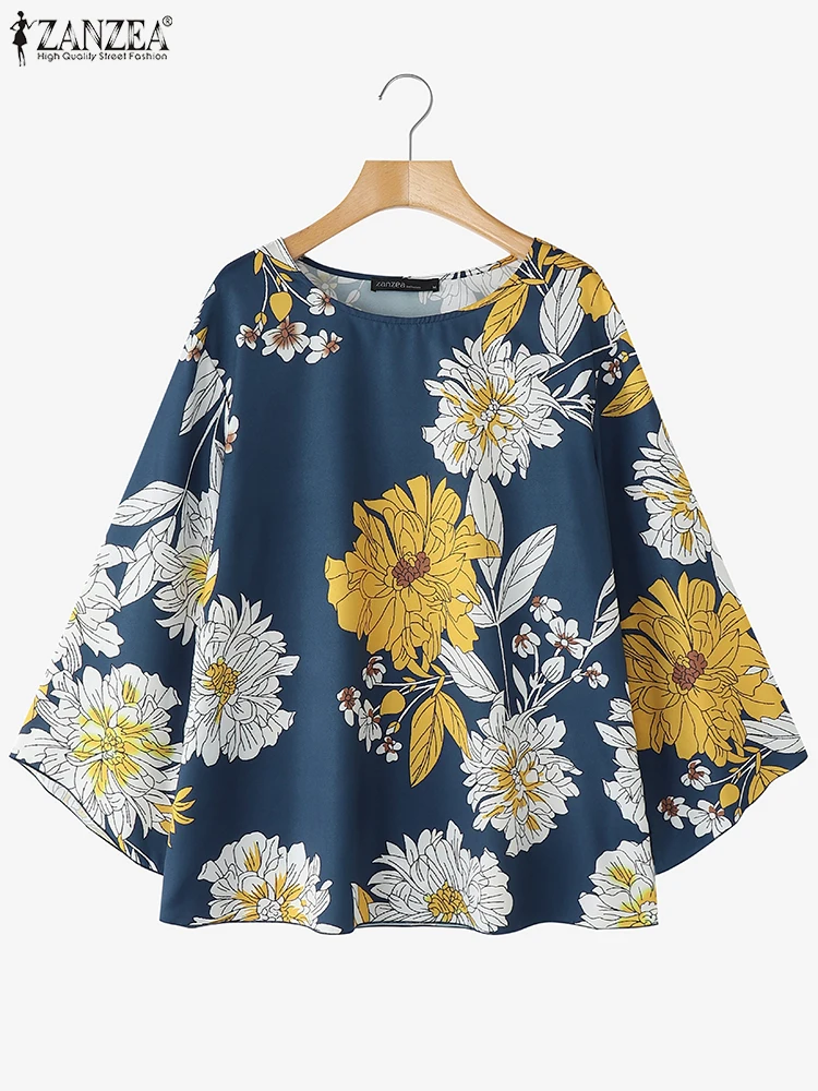 ZANZEA بلوزة عصرية للسيدات لصيف 2025 3/4 كم قمصان بوهيمية مطبوعة بالزهور بلوزات كلاسيكية بلوزات نسائية فضفاضة غير رسمية