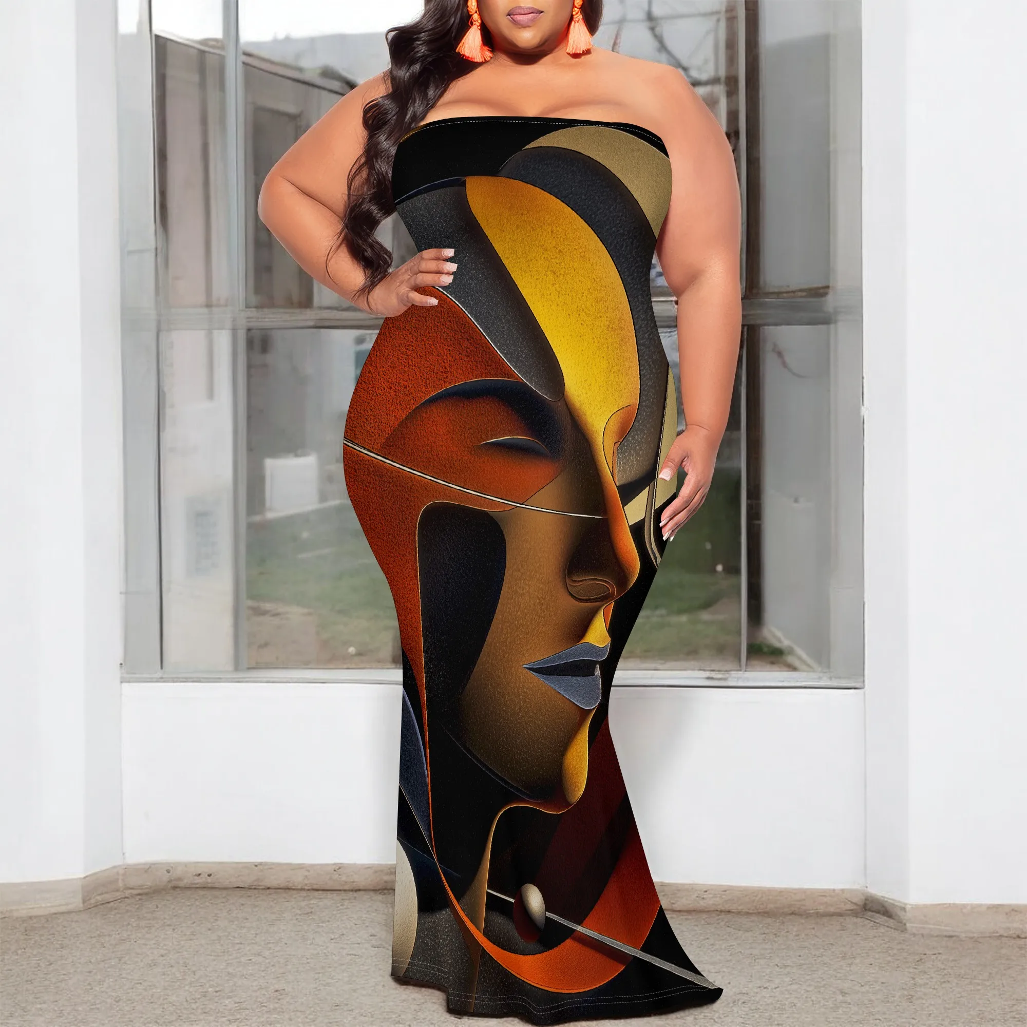 

Abstract Face Strapless Maxi Dress for Women XL-6XL Bodycon Style for Afro Art Show or Creative Fashion Look