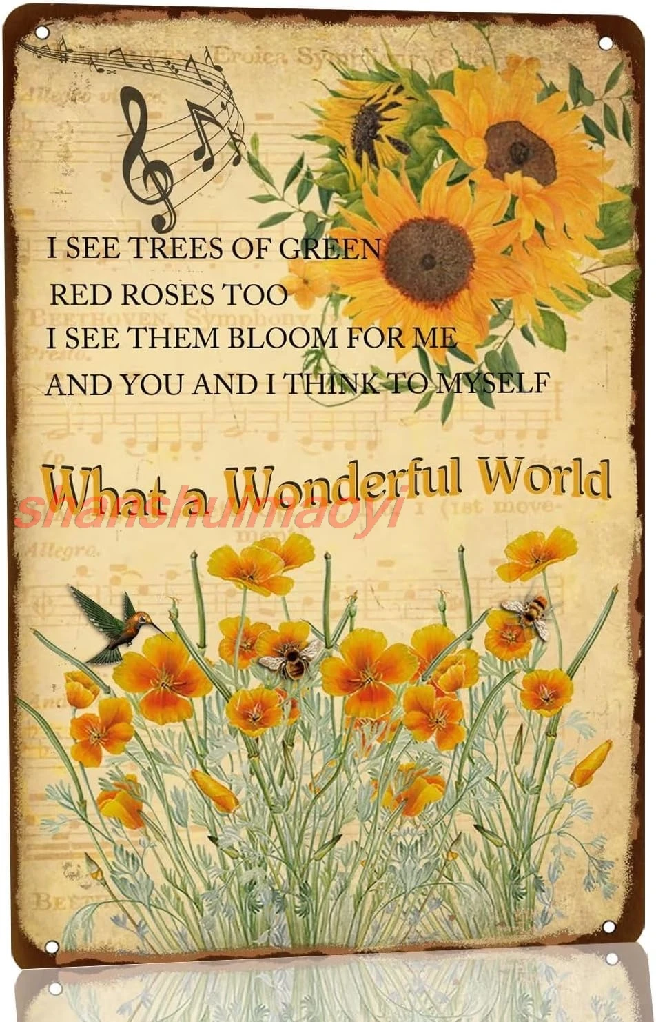 What A Wonderful World Metal Tin Sign,Vintage Sunflower Wall Decor I See Trees of Green Red Rose Too Retro Flowers Art Post sign