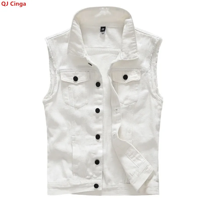 Men's White Sleeveless Vest Coat for Summer and Fall; Single-breasted, Notched-collar Denim Jacket; Asian Sizes M–6XL.