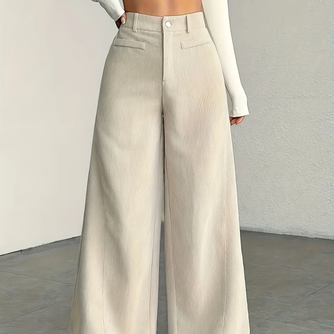 Vintage Women's Corduroy Trousers Chic Solid Autumn Winter High Waist Pockets Wide Leg Long Pants Casual Lady Commute Clothing