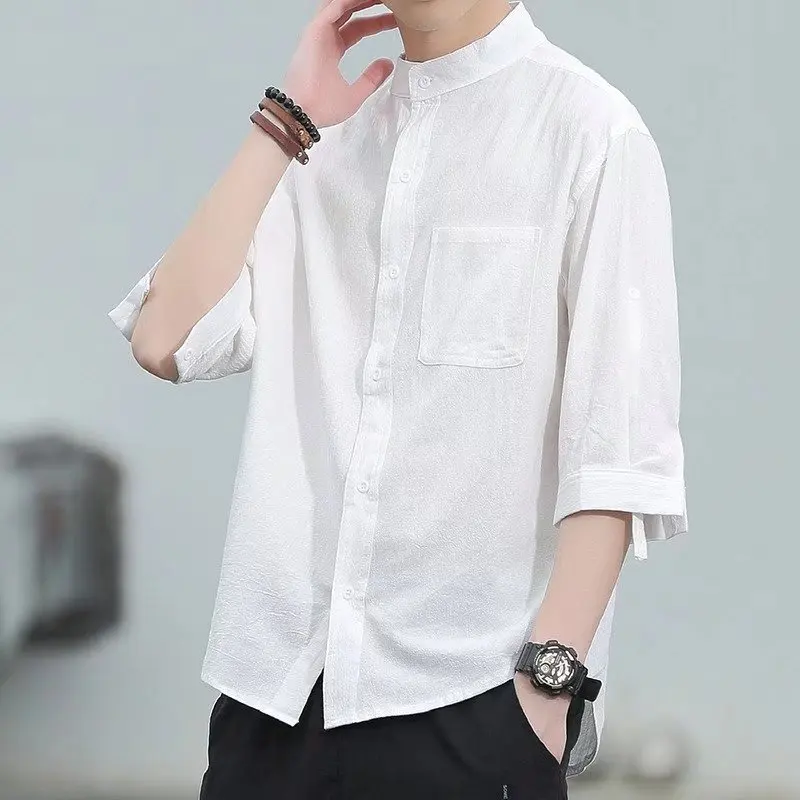 

Summer Mens Cotton Linen Half Sleeve Shirt Stand Collar Japanese Korean Loose Plus Size Casual Streetwear Tops