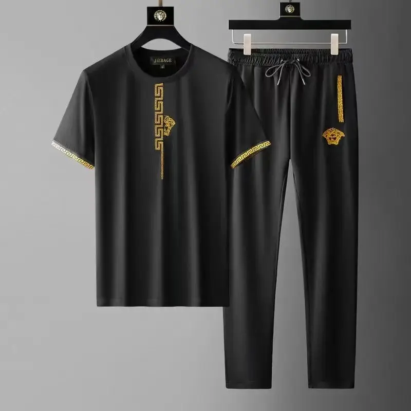 Conjunto de duas peças bordado de manga curta masculino, terno leve casual, roupa esportiva de alta qualidade, tendência, verão