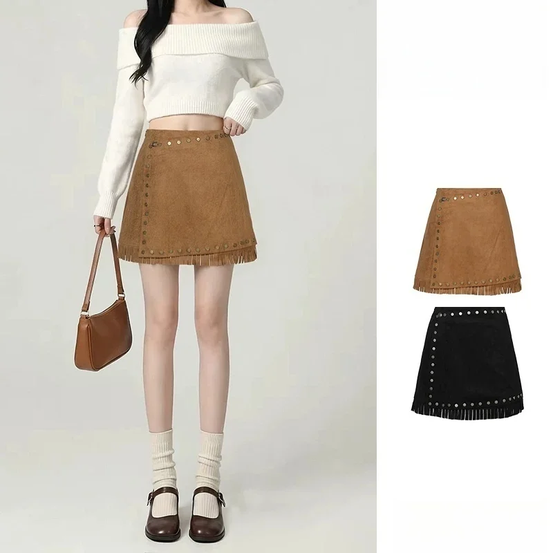 Women Vintage Suede Mini Skirt High Waist Bodycon Studded Tassel Fringe Wrap A-line Short Skirt Female Western Y2K Streetwear