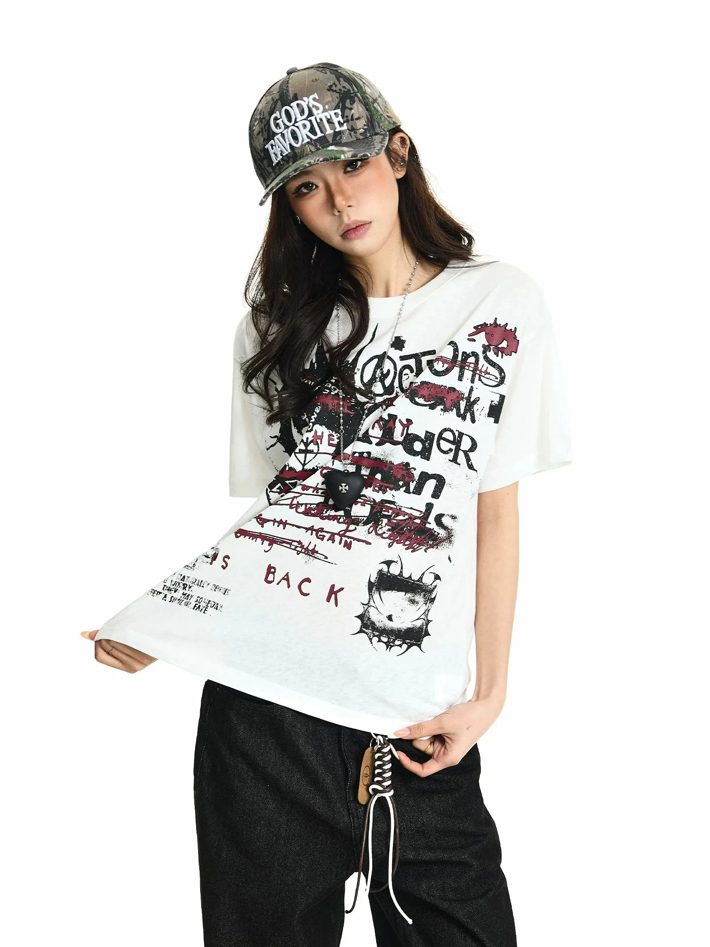 Summer Y2K Subculture Punk Graffiti Print Short Sleeve T-Shirt Boxy Shoulder Loose Fit Top for Men And Women round Neck Casua...