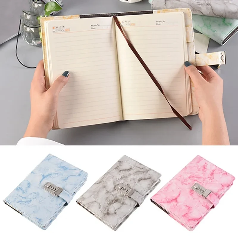 Retro password notebook With Lock marble texture PU leather cover notepad student diary office supplies planning Journal Book