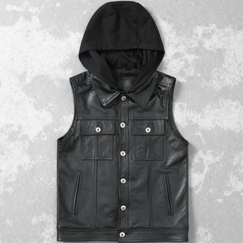 

2023 New Vintrage Men Fashion Slim Cowhide Vests Motor Rider Leather Vest Hooded Sleeveless Genuine Cow Leather Vest Jacket