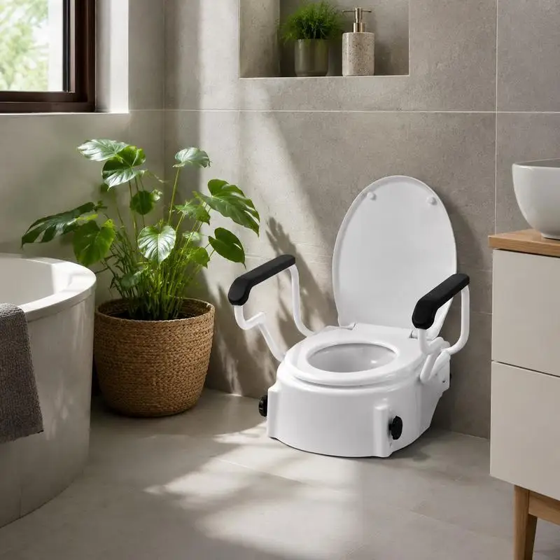 Siège de toilette surélevé avec accoudoirs, capacité de charge de 300 lb, hauteur réglable sur 3 niveaux, siège de toilette surélevé élargi avec poignées rembourrées pour personnes âgées, handicapées, adultes