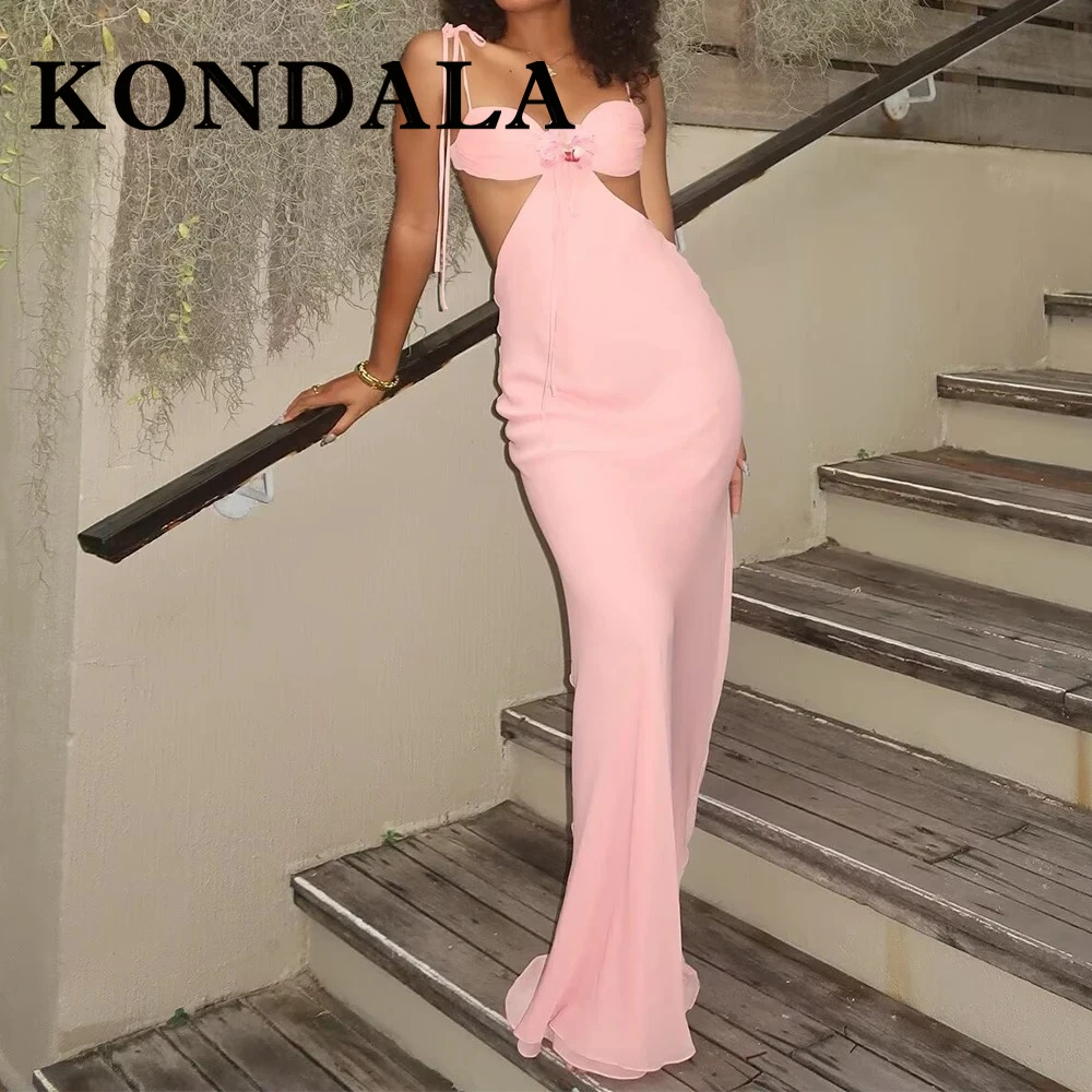 KONDALA Seksi Różowa Sukienka na Imprezę Nocną Damska Moda 2025 Wycięta Sukienka na Ramiączkach typu Cami, Dopasowana, Długa, Elegancka, Bez Pleców, Sznurowana, Vestidos