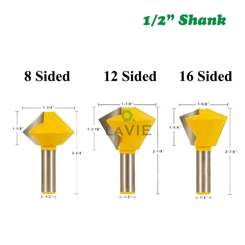 3PCS  1/2 Inch 12.7mm Multi Sided Glue Joint Router Bits Set 8 12 16 Joints Tenon Milling Cutter for Wood Woodworking