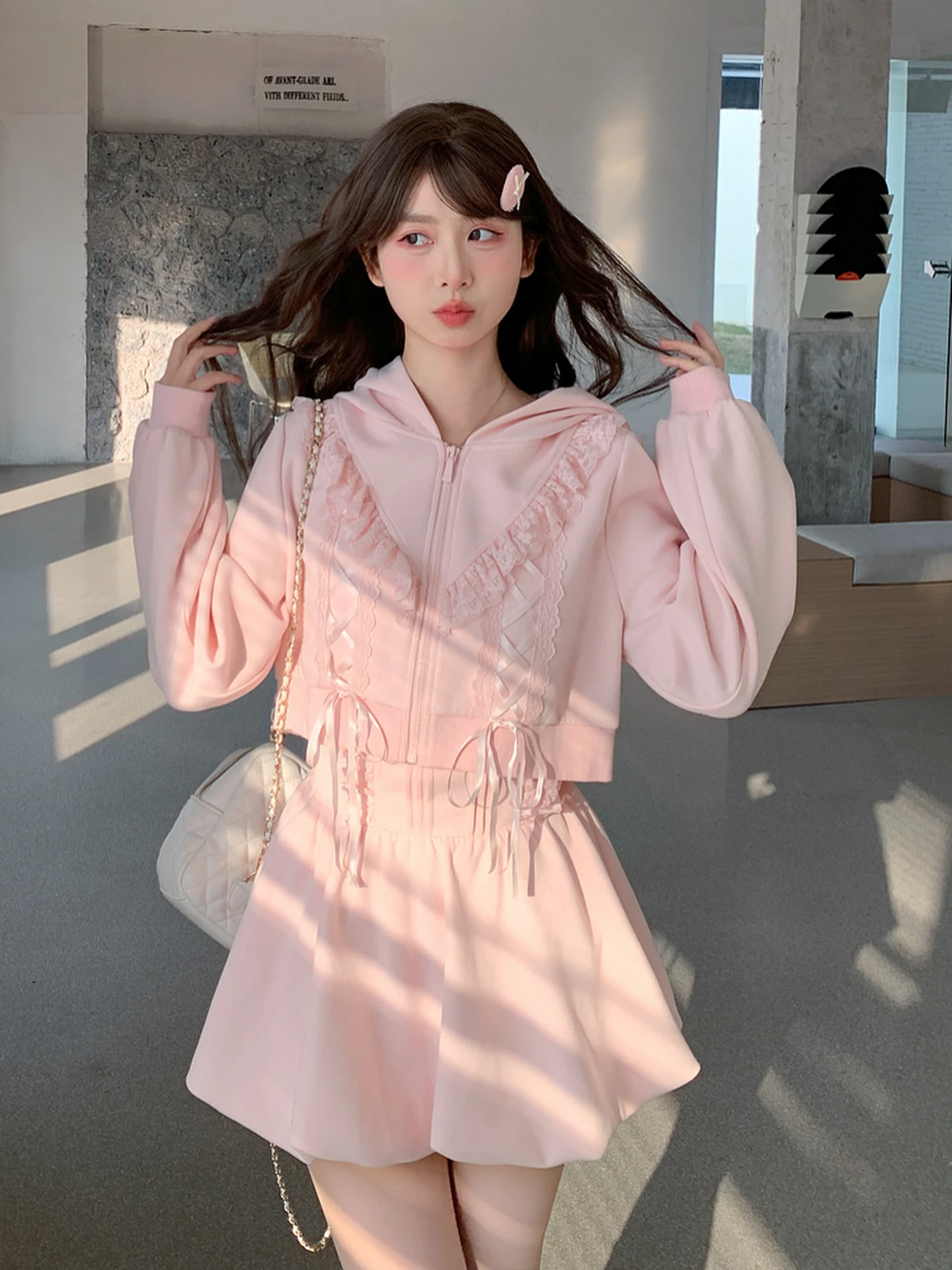 

Sweet Style Lace Splice Design Loose Short Hoodie Set Women's New Outerwear Spring Fashion Casual Comfortable Polyester