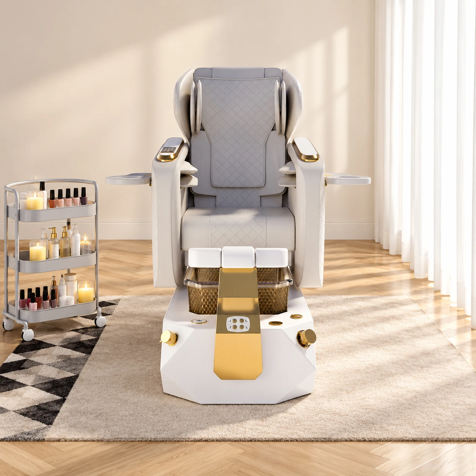 Pedicure Spa Chair Electric Massage Reclining Foot Bath Basin Nail Salon Chair Cup Holder Gold White 3