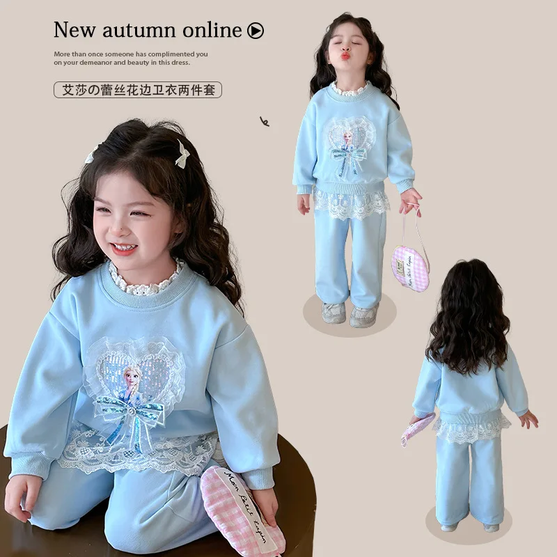סט בגדי ילדות לסתיו סווטשירטים פולאובר פרינסס אלזה בלו טופ ומכנסיים 2 חתיכות ילדים מתוקים טרקסוטים חמודים