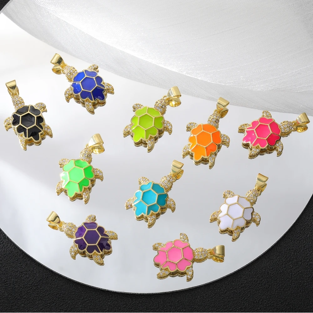 Juya Handmade 18K Gold Plated Micro Pave Zircon Enamel Turtle Charms For DIY Creative Teenager Needlework Jewelry Making