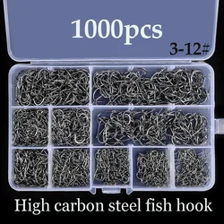 High Carbon Steel Fishing Hooks, Fish Hook Box Set, acessórios, artes de pesca, água salgada, água doce, 100 a 1000 peças