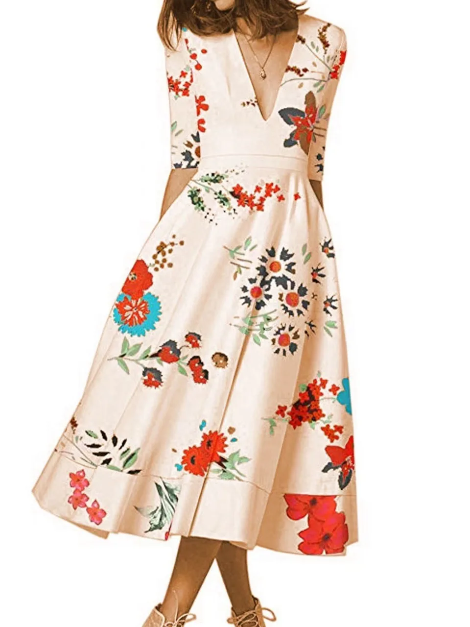 Faionable Sexy Deep V-Ne Print Waist-Cinched Mid-Sve Midi Dr Gown Lightweight Luxury Mid-Length Polyester Fabric