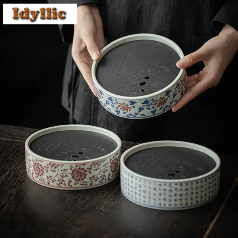 

450ml Antique Blue And White Pot Bearing Holder Coffee Cup Tray Water Storage Dry Brew Table Tea Tray Coasters For Tea Craft