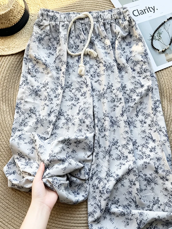 

Floral Wide Leg Pants Loose Drapey Lazy Straight Tube Floor-Length Floral Print Casual High Waist Trousers for plus Size Women