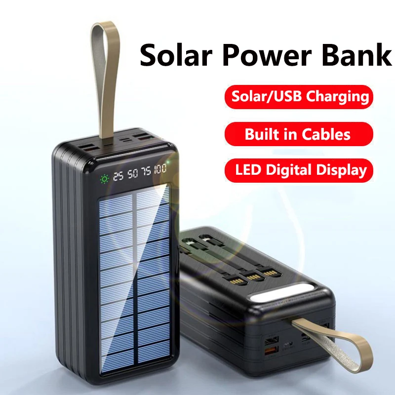 

50000mAh Solar Power Bank Built in Cable Portable Charger External Battery LED Light Power Bank For Xiaomi Samsung iPhone Huawei