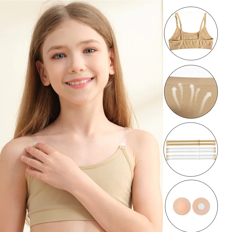 Soutien-gorge de danse de Ballet pour filles, couleur chair, sans couture, pour pratique de la gymnastique, avec 2 paires de bretelles transparentes et coussinets en Silicone, soutien-gorge de danse