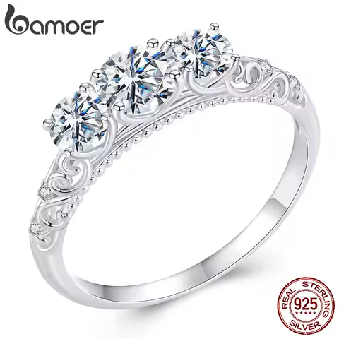 BAMOER 1.1CTTW Round Moissanite Ring for Women, White Gold Plated D Color VVS1 Lab Diamond 925 Sterling Silver Engagement Ring