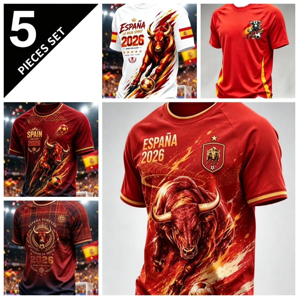 Camiseta de Fútbol para Fanáticos de España, Verano 2026, Unisex, con Estampado de Toro, Transpirable, Informal, Deportiva, de Manga Corta