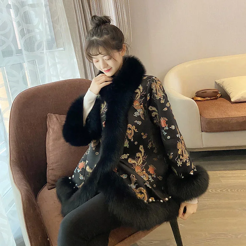 Female Coat Winter Faux Fur Chinese Style Harajuku Mid-length Beading Tang Suit Cloak Women Jacket Warm Elegant Vintage 2024 New