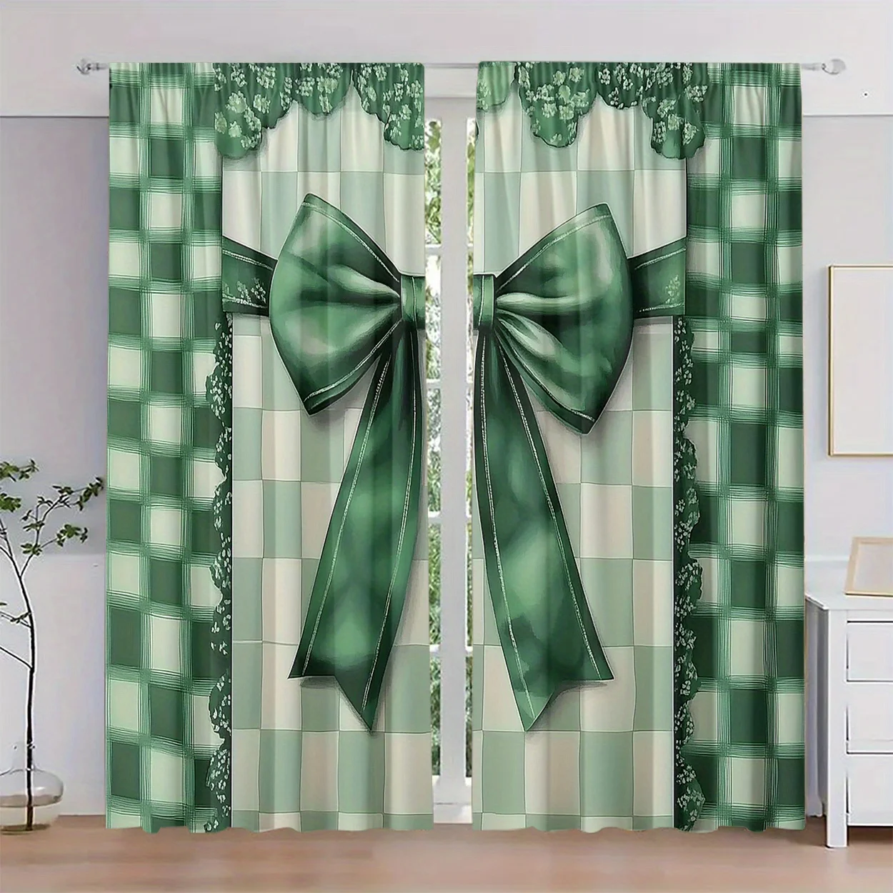 Green Plaid Floral Bow Curtain Pair 2pcs Window Curtains for Living Room Bedroom Cottage Style Window Treatment Decor