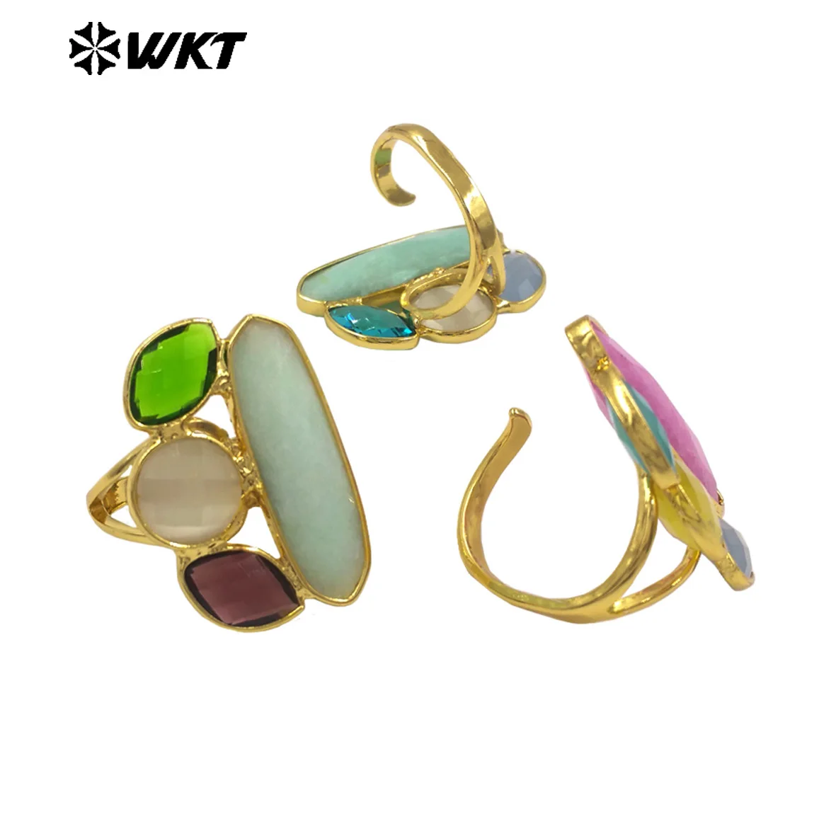 

WT-R580 Delicate Gold Plated Multiple Natural Cat Eye Stones Colorful Women Rings For Lady Dance Party Decorative Jewelry