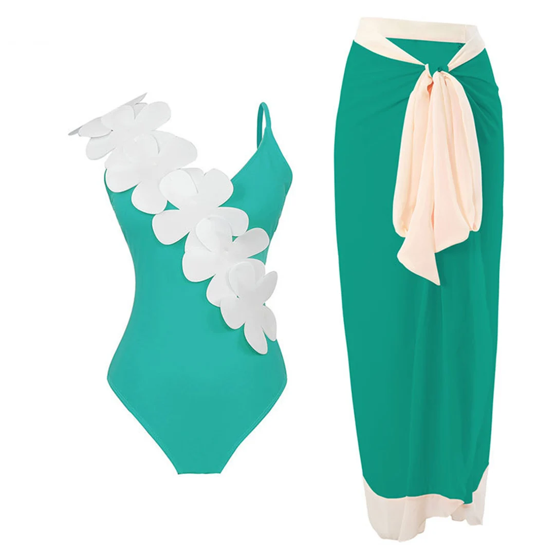 S - XL Sexy mit Sarong, 3D-Blumenmuster, tiefes V-Ausschnitt, hoch geschnitten, Damen-Badeanzug, einteiliger Badeanzug, Damen-Badebekleidung, Badeanzug, Modell V5035 – Detail 20