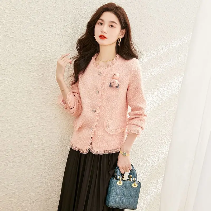 

2024 Small Fragrant Pink Flower Coat Women's Clothing Spring New High Fashion Gentle Patchwork French Top Mperament Socialite