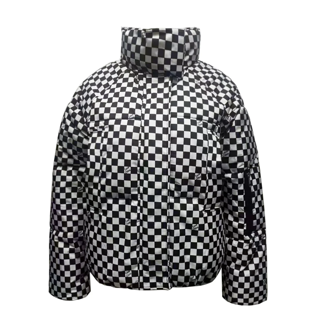 2025 Plus Size Checkered Puffer Coat Warm Quilted Hooded Parka Stand Collar Patch Pockets Windproof Loose Fit Winter Jacket