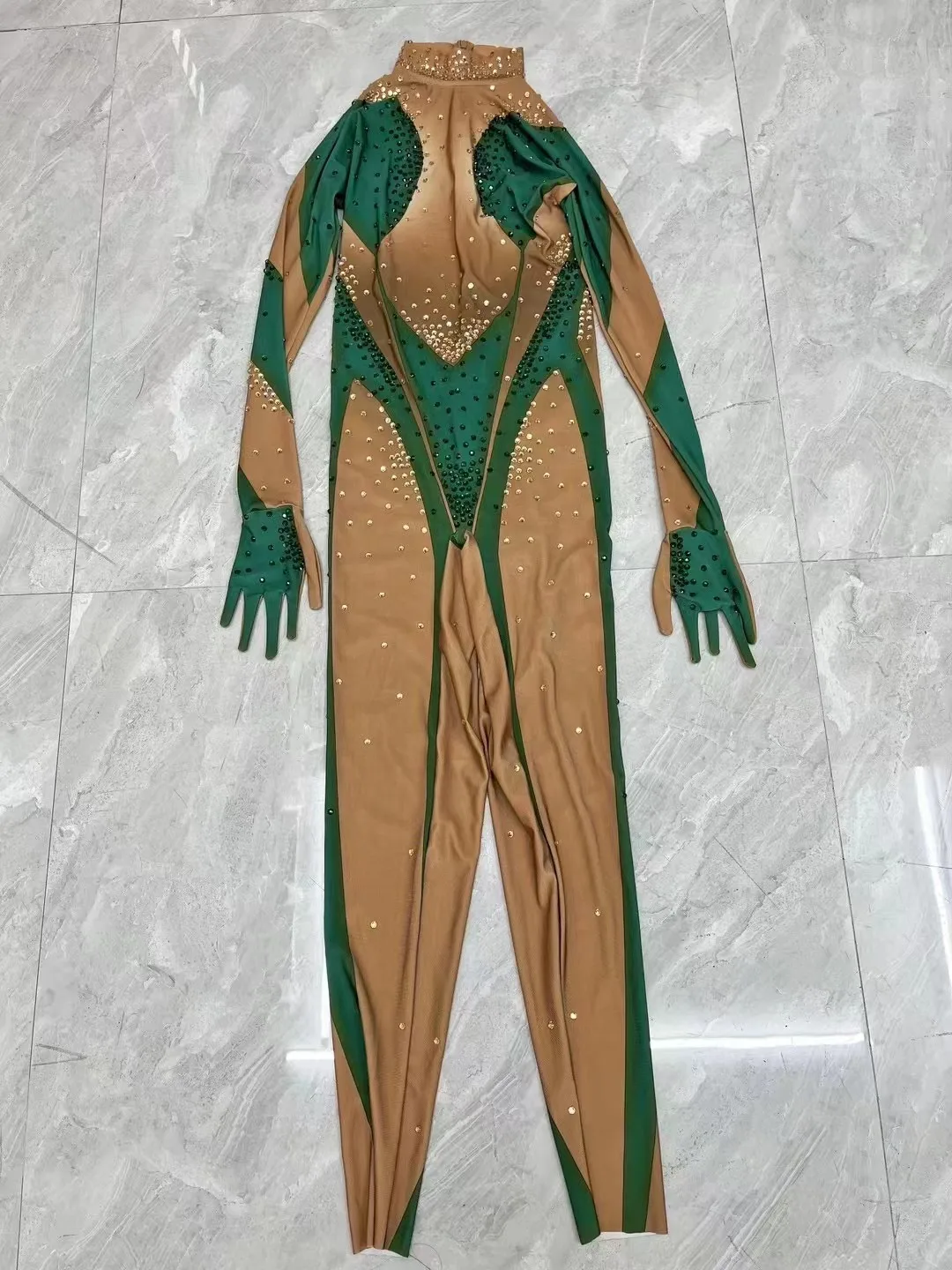 Sexy Stage Green Gold Rhinestones Jumpsuit Gloves Women Dance Performance Spandex Leggings Birthday Nightclub Photoshoot Outfit