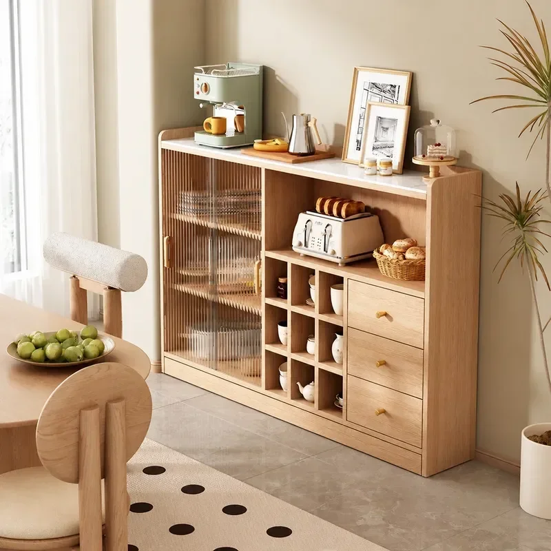 Log Style Solid Wood Dining Side Cabinet Ultra Thin Narrow Wall Mounted Storage Cupboard for Kitchen Tea Display