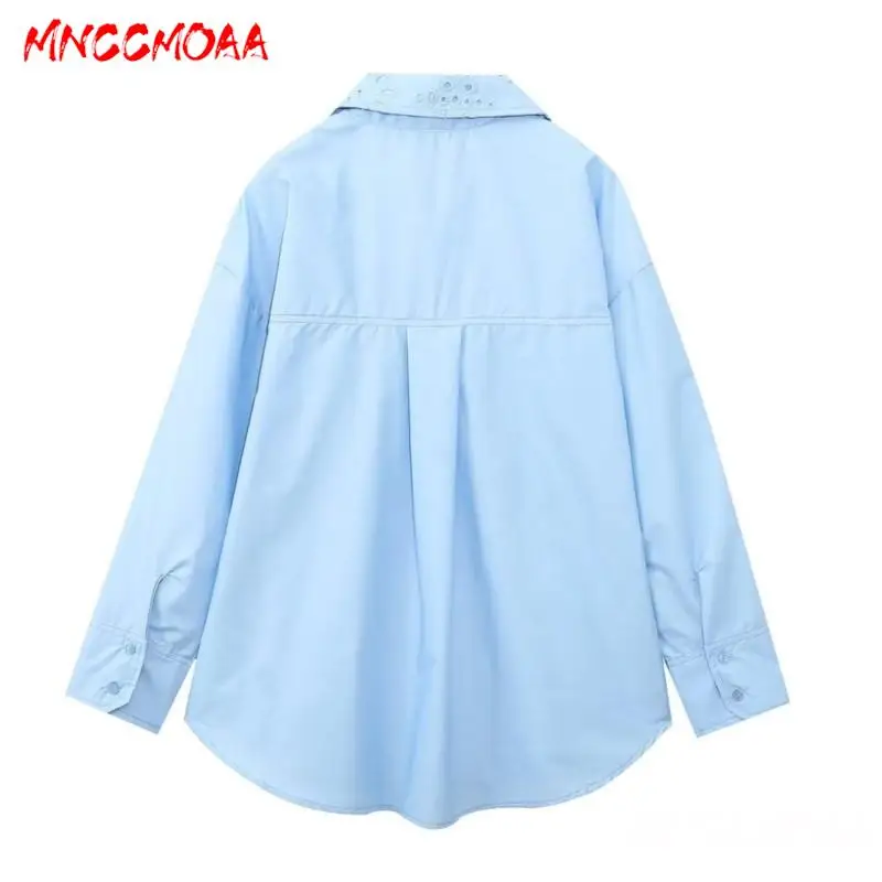 MNCCMOAA-Women\'s Embroidery Hollow Single Breasted Blouse Casual Blue Tops Long Sleeve Shirt Spring Summer Fashion Female 2024