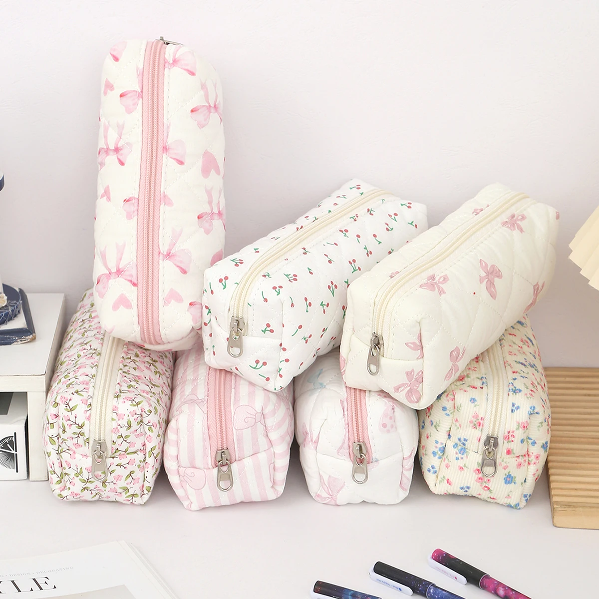 Étui à crayons créatif avec motif de fleurs et de nœuds, sac de rangement rectangulaire pour papeterie, fournitures scolaires élégantes et portables