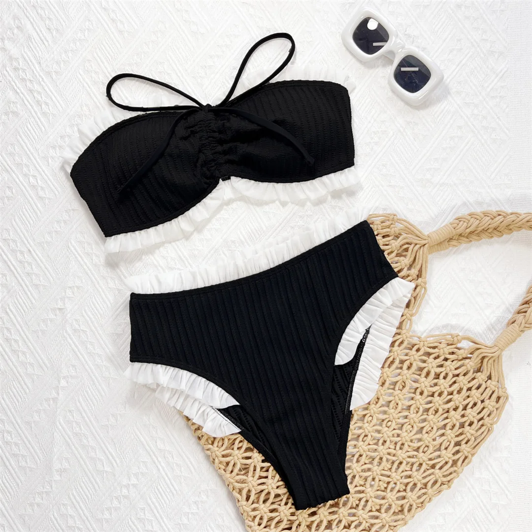 Bandeau-Bikini mit Rüschen, hochtaillierter Damen-Badeanzug, zweiteiliger Bikini-Set, Badebekleidung, Badeanzug, Modell V7039 – Detail 9