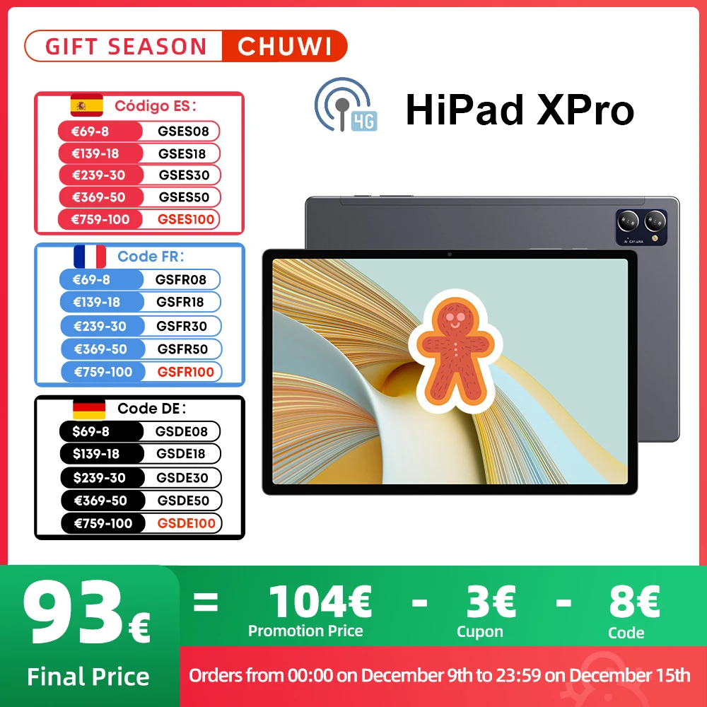 Global Version CHUWI HiPad XPro 10 Inch Tablet Android 12 Unisoc T616 Octa Core 4G LTE 6GB 128GB 13MP 7000mAh Battery Tablets