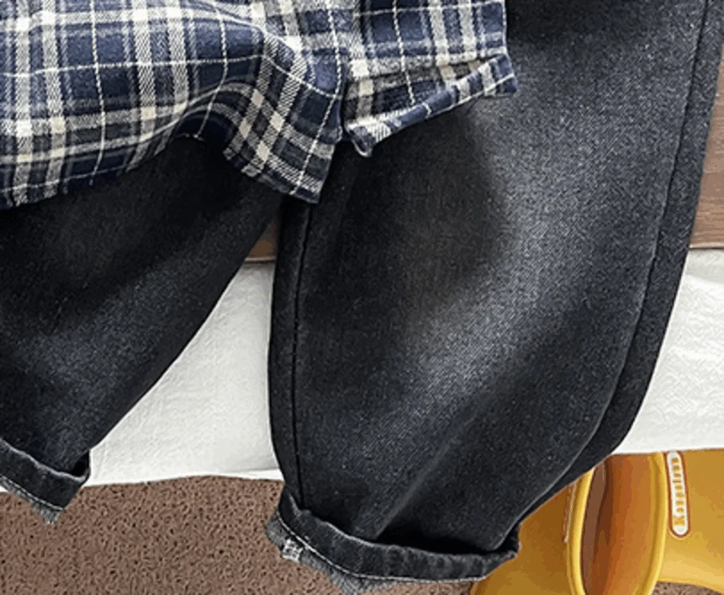 Kinder Jungen Vintage Blau-Weiß Kariertes Hemd + Weite Jeanshose 2-teiliges Set Frühling Herbst Lässige Kinderkleidung – Detail 5