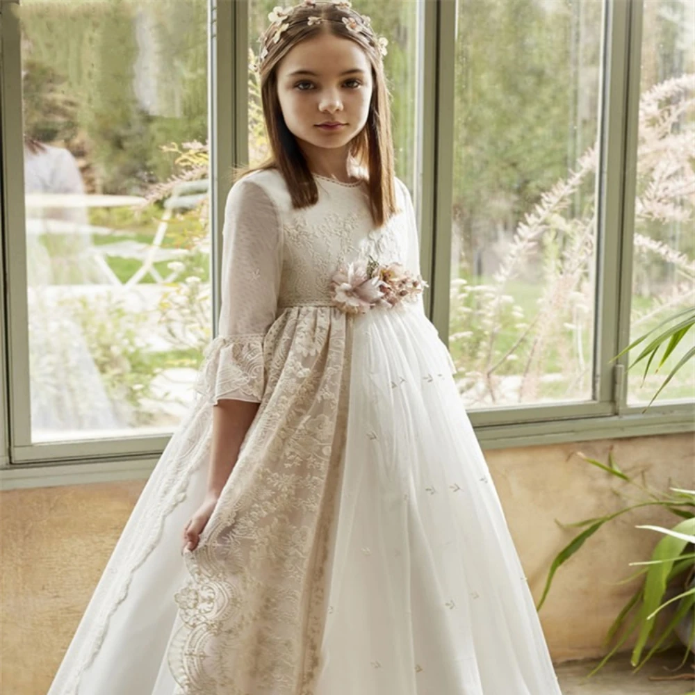 Flower Girls Dresses for Wedding Half Sleeve Lace Applique Satin Fluffy Floor Length Girl First Holy Communion Princess2024