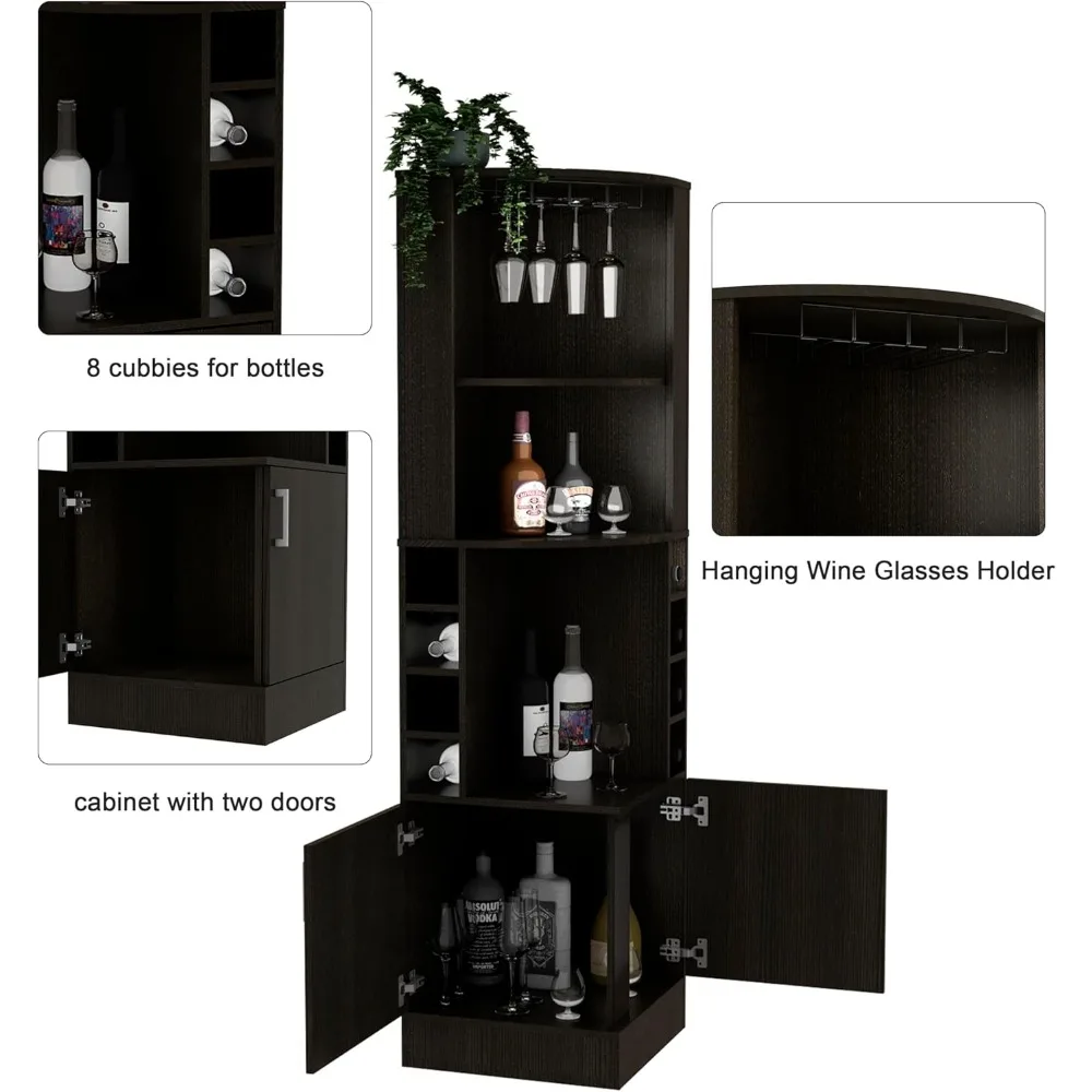 Corner Bar Cabinet 71", Tall Farmhouse Wine Bar Cabinet w/Wine Rack & Cubbies for Bottles,Liquor Cabinet Bar for Home, Black