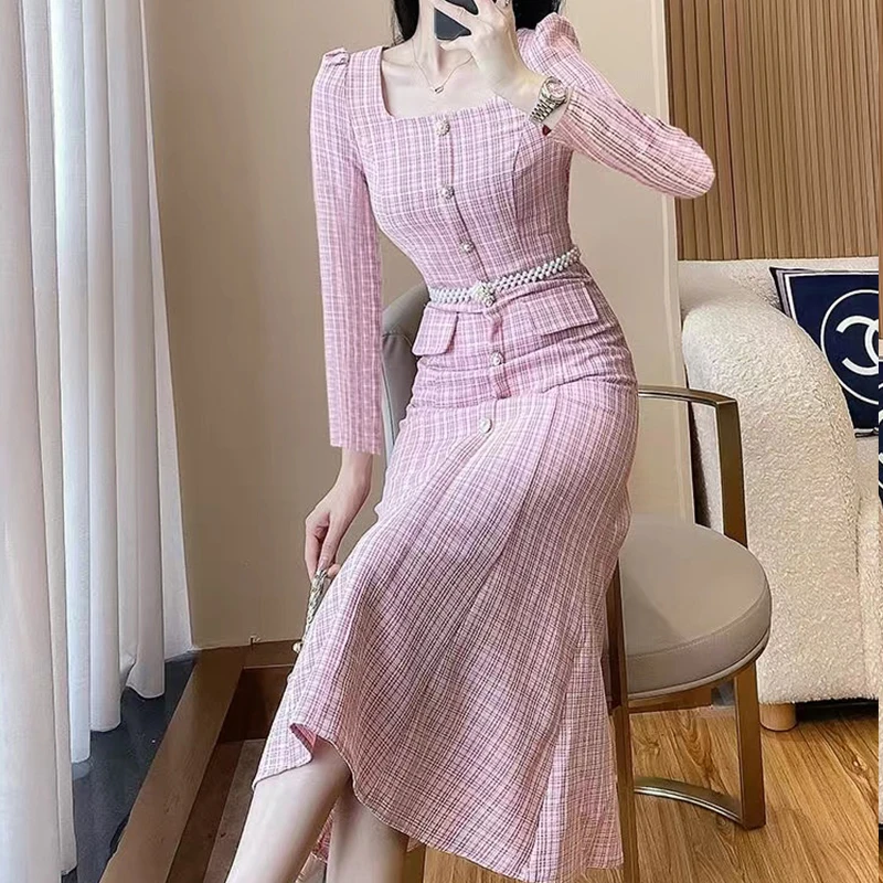 Early Autumn luxury long sleeve Square collar A-line Elegant Midi dress  High Street Fashion Commuting office ladies Long Dress