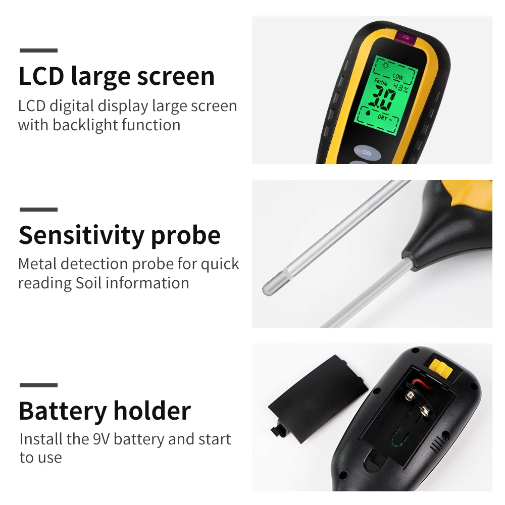 Lcd digital testador de solo fertilidade do solo ph temperatura umidade ambiental luz solar detector umidade jardinagem soli analisador