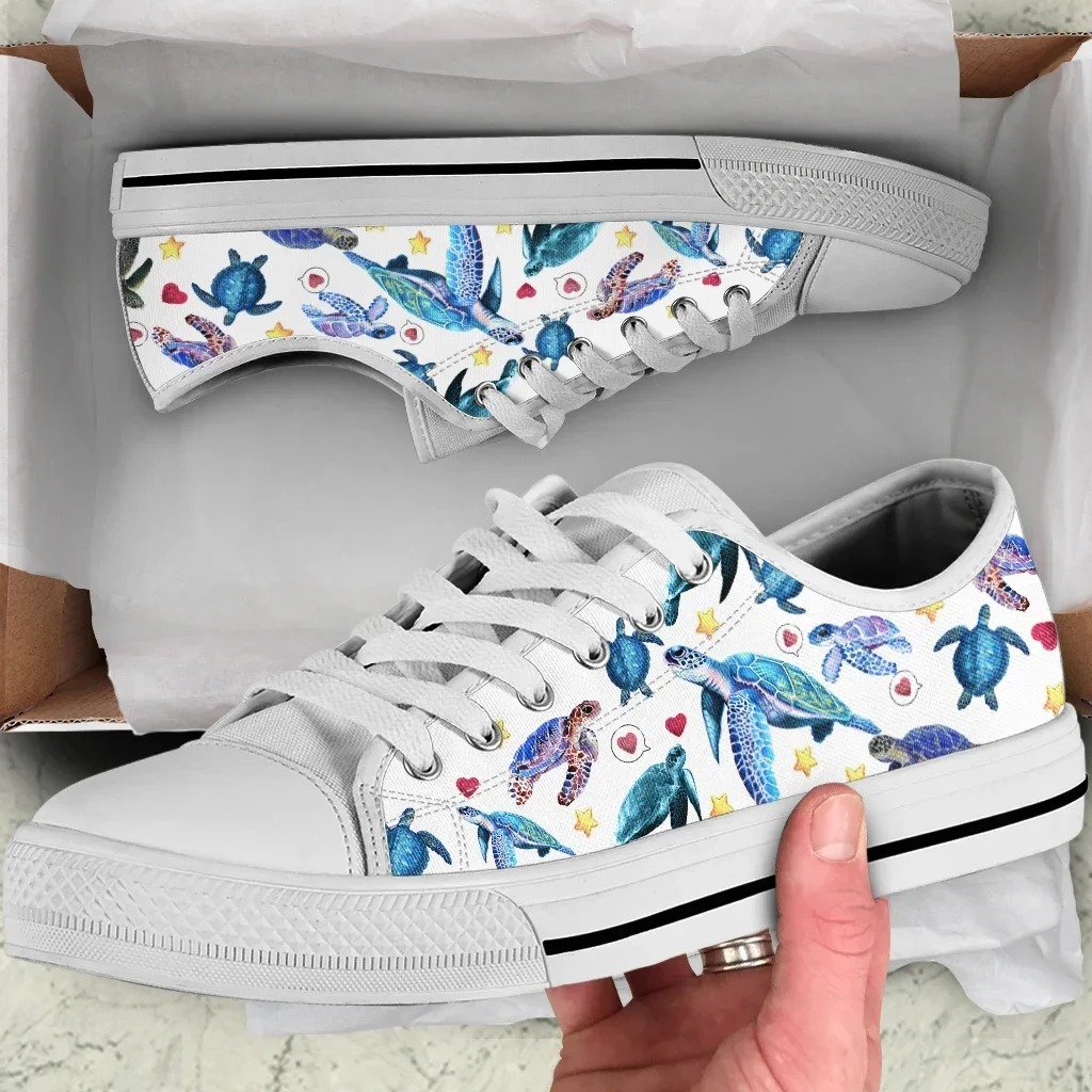 Kawaii Blue White Sea Turtles Painting Woman Students Summer Fashion Canvas Sneakers Zapatillas Mujer Casual Shoes