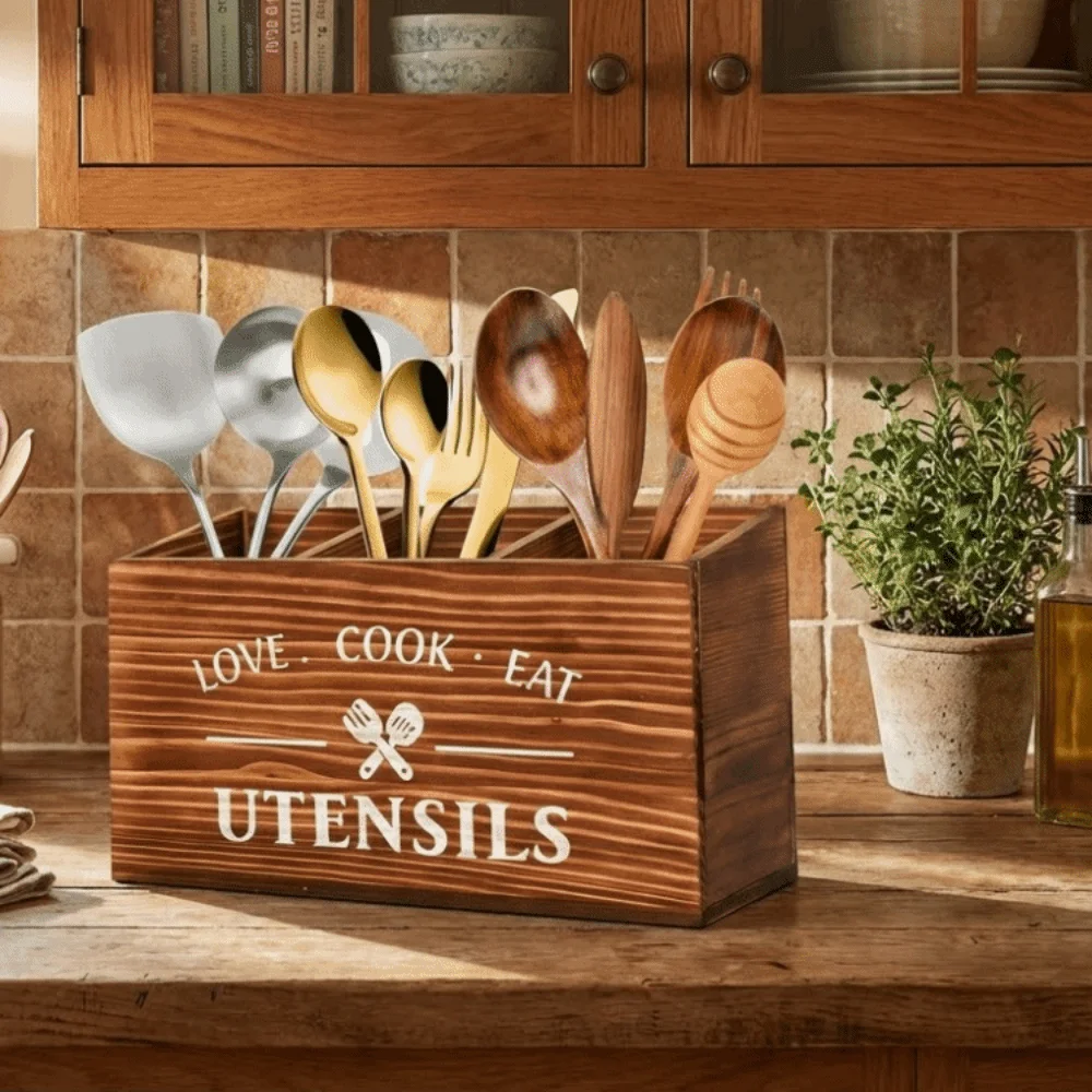 

Деревянный органайзер для столовых приборов с 3 отделениями, большой емкости, экономящий место, декоративный, для ложек и вилок