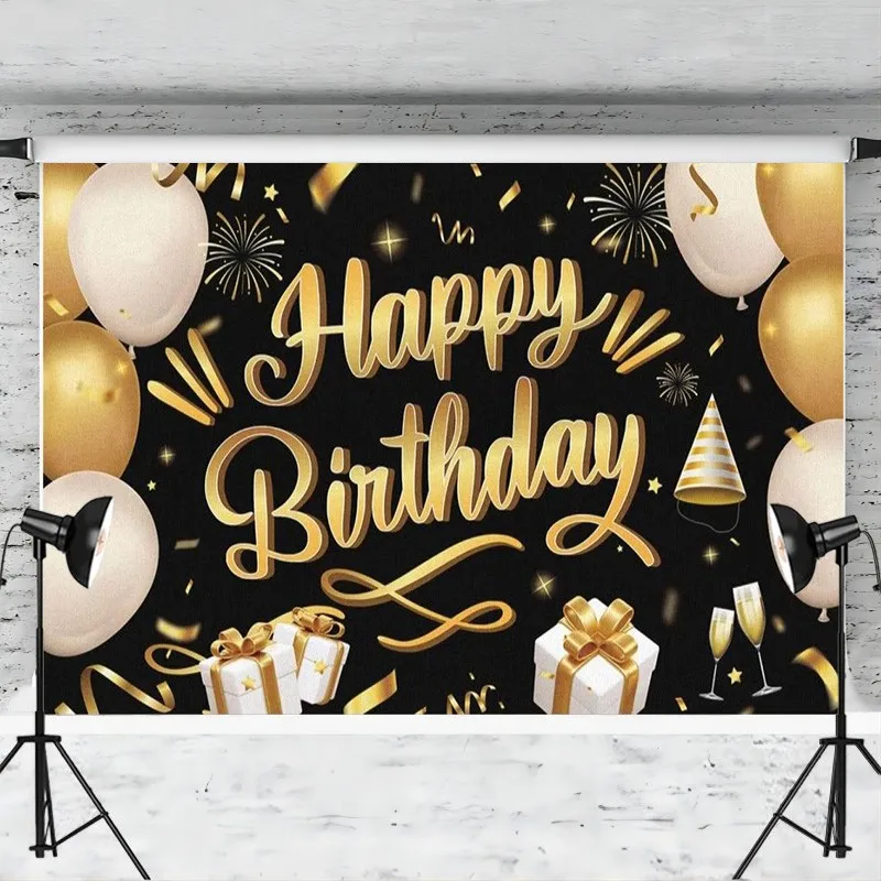 Happy Birthday Backdrop Banner Black and Gold Background Photography Party Decoration Supplies Indoor Outdoor Photo Booth Props