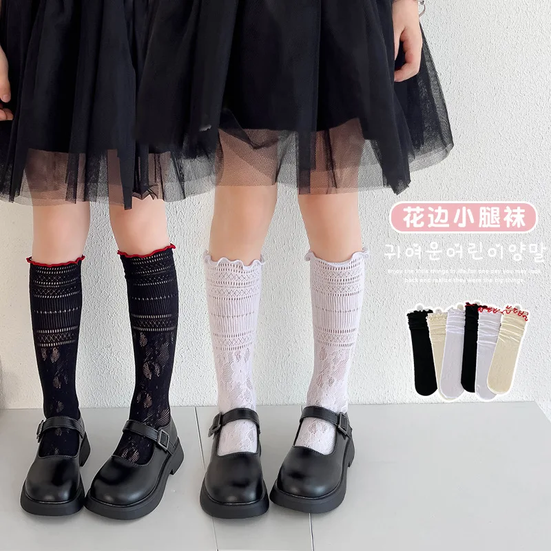 

Hollow Flower Pattern Knee Socks Girls' Summer Thin Breathable High Density Long Stockings with Mushroom Edges
