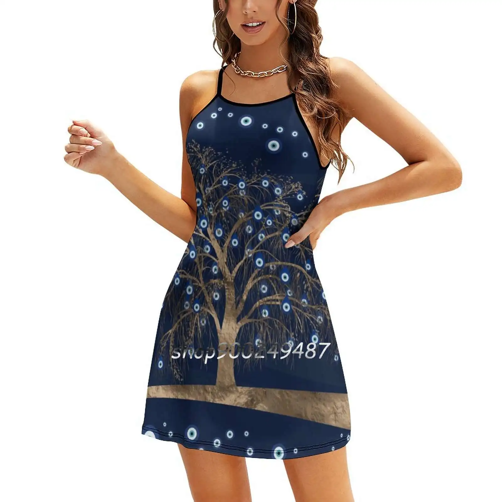 Nazar Charm Tree-Gold On Dark Blue Flare Dress Multiple styles Print Dress Short and Long Sleeve Dress Nazar Nazar Charm Nazar